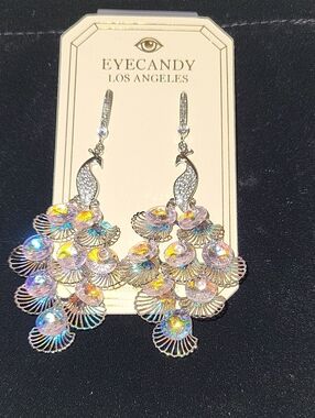 Eye Candy Peacock Iridescent Pinkish Hue Cascade Drop Earrings - Silver Rt TL